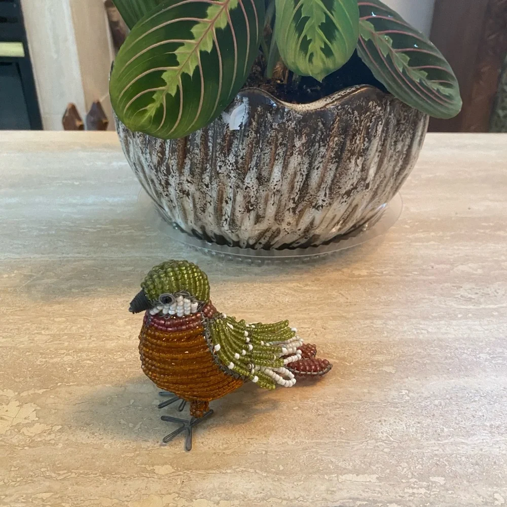 Handcrafted Beaded Bird Figurine - Green, Orange, Brown very realistic